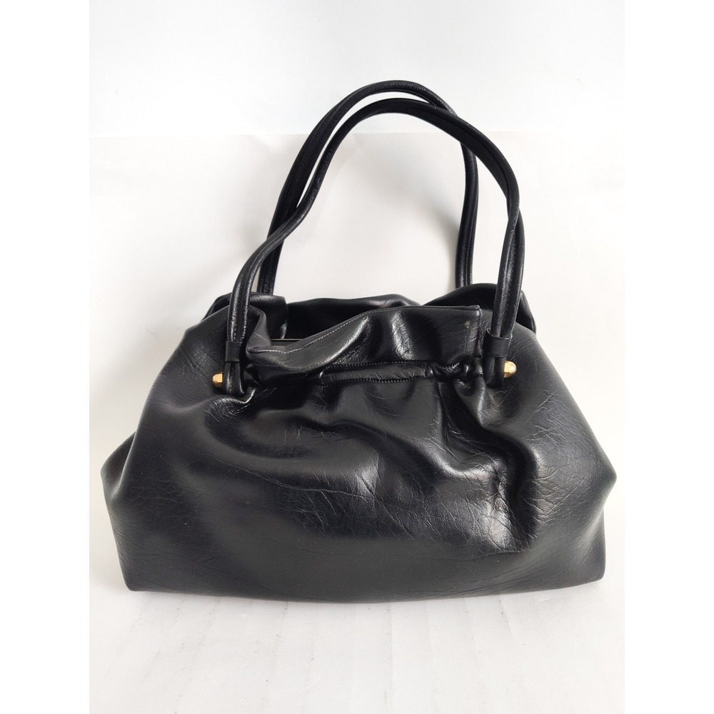 Vintage Satchel Doctors Bag Kiss Lock‎ Ruched Slouchy Black Vegan Double Handles